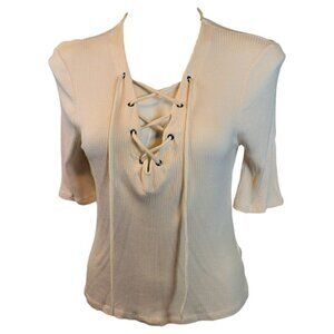 Topshop Lace Up White Ribbed Top Size: US 10